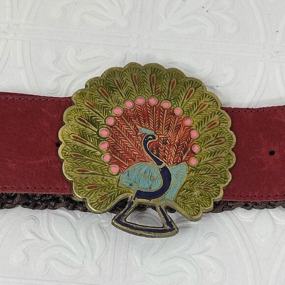 Lara Kazan Peacock Brass Buckle Belt Red Leather/Brown Crochet main image 5